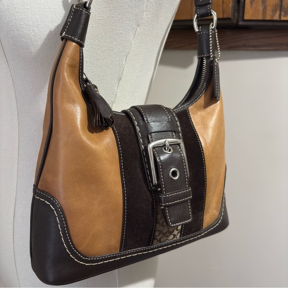 Y2K Vintage Rare Brown Hobo Shoulder Purse C Logo Two Tone Leather Canvas Bag - Picture 2 of 16